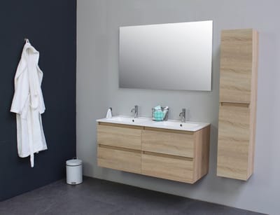 Basic Bella Badkamermeubelset - 120x55x46cm - 2 wasbakken - Keramiek - Wit - 2 kraangaten - Zonder spiegel - MDF Eiken