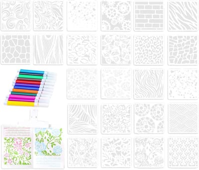 Geometrische Sjablonen Set voor Muurdecoratie - 24 Herbruikbare Stencils van 10x10cm met 12 Kleuren Pennen voor Creatieve Klussen, DIY Projecten en Meubelversiering