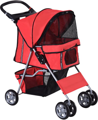 Opvouwbare hondenbuggy met bekerhouder en zonnekap - rood