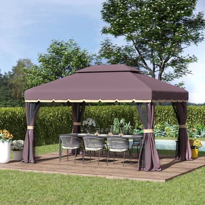 MIVRAY Tuinpaviljoen 390 x 290 x 280 cm Aluminium Coffee Vrijstaand Met Zijwanden En Muggengaas Voor Tuin En Terras