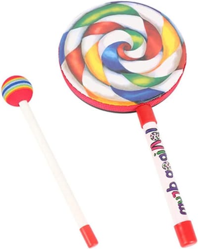 Kinder Trommel Speelgoed - Percussie Instrument - Muziek Spelletjes - Lolly Vorm Design - 15 cm Diameter - Regenboog Kleuren