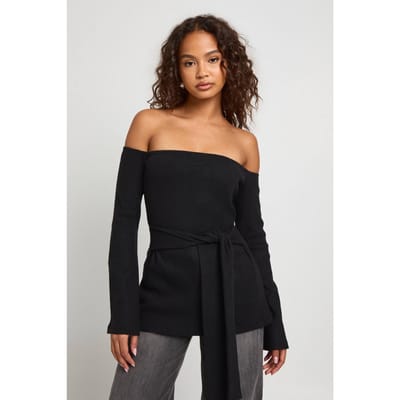 boohoo Dames Geborsteld rib Bardot strik taille Lonline top | Black | Maat: 6