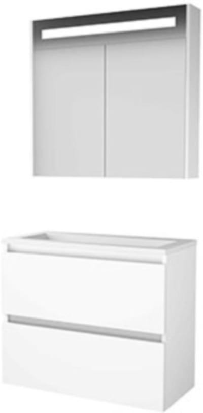 Basic-Line Premium 39 Badkamermeubelset - Ondiep - 80 x 39 cm - Greeploos - 2 Lades - Acryl Wastafel - Zonder Kraangat - Spiegelkast met LED Verlichting - Ice White