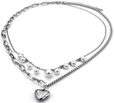 Ketting layered hart met parels - RVS – valentijn – cadeau