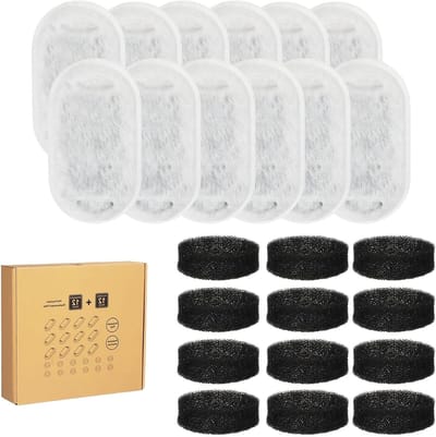 Vervangingsfilters voor drinkfonteinen - 12 + 12 stuks actieve koolfilters en schuimfilters voor katten- en hondenfonteinen, optimale waterfiltratie en vierdubbele filtering