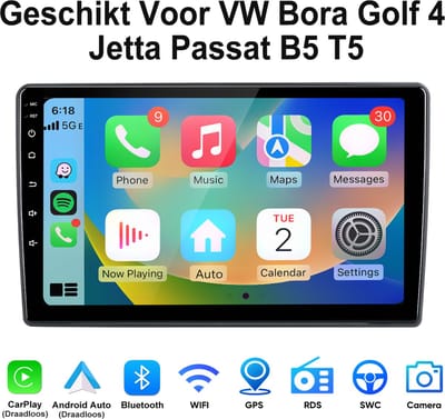 Junsun Android15 Autoradio Geschikt Voor VW Bora Golf 4 Jetta Passat B5 T5 Accessoires, 4GB+64GB, Draadloze CarPlay & Andriod Auto, DAB+, GPS-navigatiesysteem, Bluetooth, Stuurwielbediening, WiFi, FM, USB, 9-inch Touchscreen, DSP