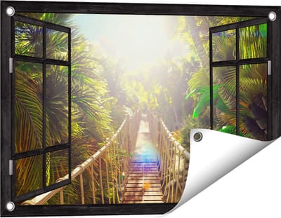 Gards Tuinposter Doorkijk Houten Brug in de Tropische Jungle - 60x40 cm - Tuindoek - Tuindecoratie - Wanddecoratie buiten - Tuinschilderij