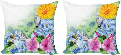 ABAKUHAUS Decoratieve kussenhoezen met bloemenprint, 2 stuks, Lentebloesem, 45x45 cm, Wit/meerkleurig