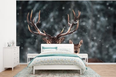 Behang - Fotobehang Hert - Dieren - Winter - Gewei - Sneeuw - Natuur - Breedte 375 cm x hoogte 280 cm
