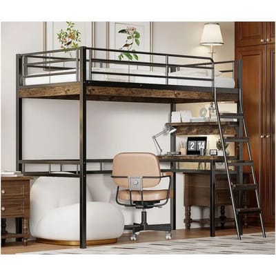 ModernLuxe Mezzaninebed 90x200cm - met bureau + planken + barrières - Zwart