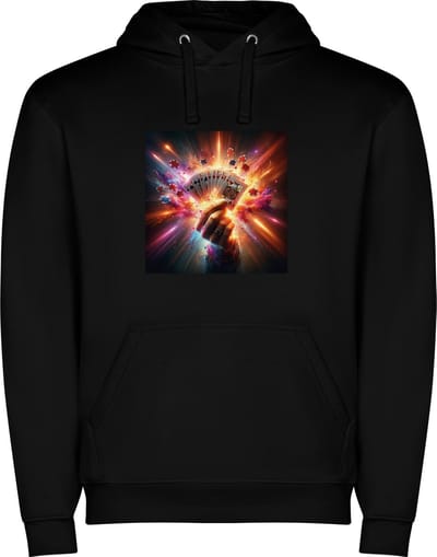 Zwarte unisex hoodie met “ Kleurrijke Speelkaarten – Kaartspel “ Print Full Color Color merk Roly maat S