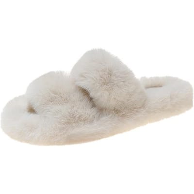 Fuzzy Slippers voor Dames Gezellige Open Teen Memory Foam Pluche Harige Pluizige Womens Slide Slipper Indoor House Schoenen voor de slaapkamer 39 beige