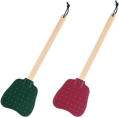 Dailygoody - Leren Vliegenmeppers - Handmatige Vliegenmepper - Lange Houten Handgreep - Rood en Donkergroen - Zware Vliegenmepper - Geschikt voor Binn...