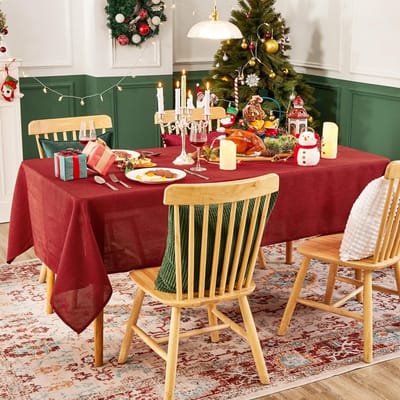 Kerst Tafelkleed Linnenlook Waterproof Rechthoekige Afwasbaar Tafeldoek Lotuseffect voor Feestdag Eettafel Rood 130x220cm