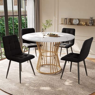 STILVORA Eettafelset Rond - 5 Delig Met 4 Fluwelen Stoelen - Marmerlook Tafelblad - Metalen Poten Goud Zwart - 100x75 Cm