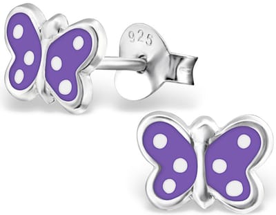 Joy|S - Zilveren vlinder oorbellen - paars met witte stipjes - 8 x 5 mm - oorknoppen voor kinderen