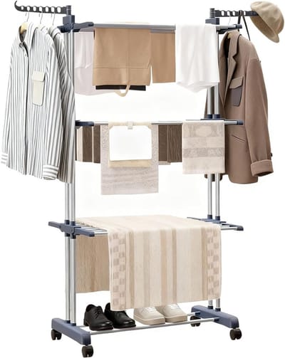 HEZIVO® Droogtoren met Wieltjes - Wasrek Staand - Inklapbaar Droogrek - 4-Laags - RVS - Grijs