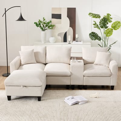MODFU Hoekbank - Modulair Met Opbergpoef En Middenconsole - Met USB-Aansluitingen En Bekerhouders - Voor Woonkamer - Cord - Beige