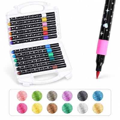 Glitterstiften - 12 stuks per doos - enkelzijdig en eenkleurig - olieachtige acrylinkt - geschenkverpakking