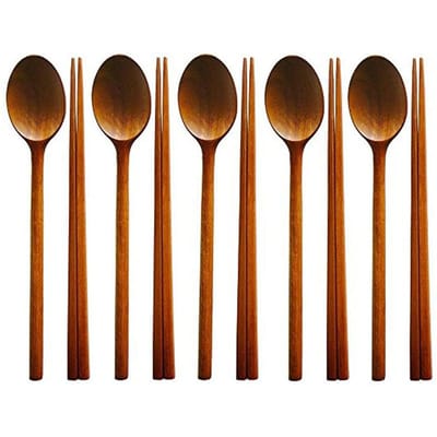 Ensemble de 5 ustensiles de table coréens en bois de jujubier faits à la main, cuillères et baguettes pur