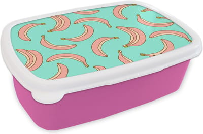 Broodtrommel Roze - Lunchbox - Brooddoos - Roze - Banaan - Fruit - Patronen - 18x12x6 cm - Kinderen - Meisje