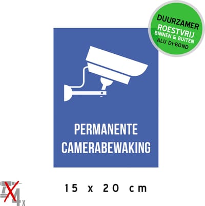 Pictogram/ bord Dibond | "Permanente camerabewaking" | 15 x 20 cm | Duurzaam | Roestvrij | Toezicht | Camera | CCTV | Blauw | 1 stuk