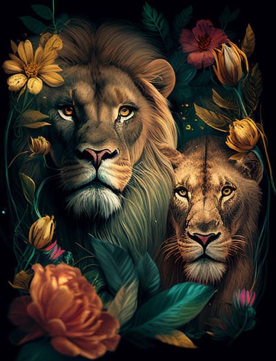AI - Woondecoratie - Poster - Dieren - Tijger en Leeuw - Bloemen en jungle - 17 - 60 x 80 cm