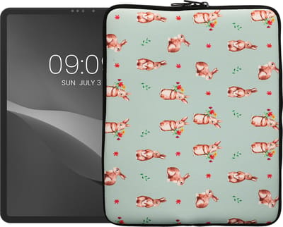 kwmobile universele tablethoes - Stevige en stijlvolle hoes voor tablets - Neopreen tablet sleeve - Compatibel met 13" Tablet - Konijntjes en Bloemen design