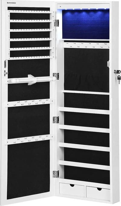 MIRA Home - Sieradenhouder - Spiegelkast - LED Verlichting - Hout - Wit - 37x9.5x120
