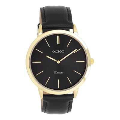 OOZOO Vintage series - Goudkleurige horloge met zwarte leren band - C20389