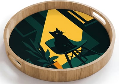 Dienblad rond 40x40 cm - Schootdienblad hout - Zwarte kat - Mysterieus - Gele instraal - Borrelplank rechthoek - Plateau houten dienbladen