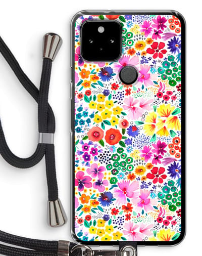 Case Company® - Hoesje met koord geschikt voor Google Pixel 5 hoesje met Koord - Little Flowers - Telefoonhoesje met Zwart Koord - Bescherming aan alle Kanten en Over de Schermrand