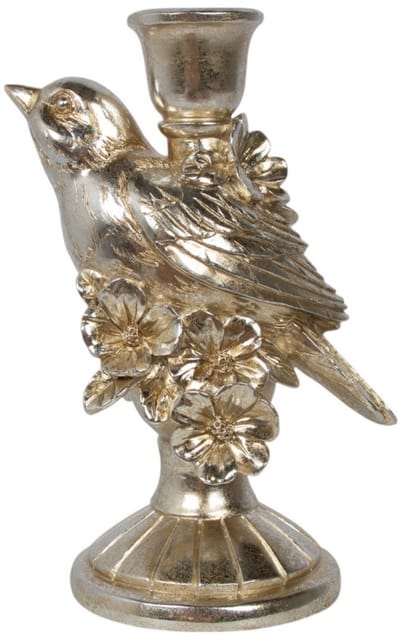 Kaarsenhouder 1 vogel met bloem hars zilver 13,6x9,6x20cm