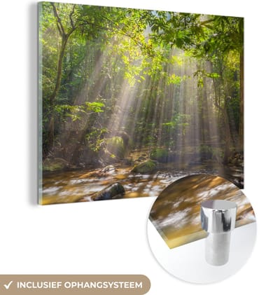 MuchoWow® Glasschilderij 160x120 cm - Schilderij acrylglas - Zonnestralen door bladerdek - Foto op glas - Schilderijen