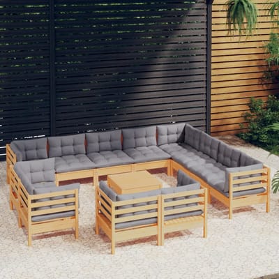 vidaXL - 13-delige - Loungeset - met - grijze - kussens - massief - grenenhout