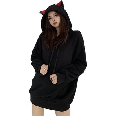 Dames Herfst Winter Hoodie Cartoon Kattenoor Capuchon Trekkoord Dikke Pullover Losse Effen Kleur Elastische Manchet Middellang Warm Dame XXL zwart