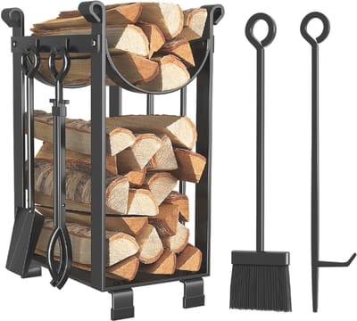 Thuys – Smeedijzeren Brandhoutrek – Met 4 Gereedschappen – Inclusief Schep – Bezem – Tang & Haken – 78 x 29 x 36 cm – Zwart