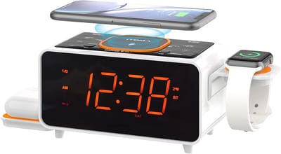 Wekkerradio met dubbele draadloze oplaadfunctie met Bluetooth-luidspreker, digitale FM-radio, twee USB-poorten, dubbel alarm, nachtlampje, automatische en handmatige dimmerregeling iTOMA CKS209