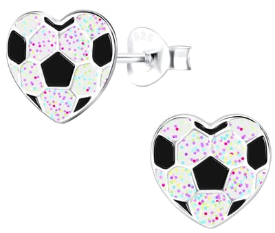 Joy|S - Zilveren hartje oorbellen - voetbal - glitter wit - 9 mm