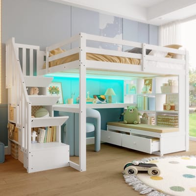 MODFU Hoogslaper 140x200 cm van MDF en grenen, met bureau, opbergtrap en 2 laden