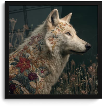 Poster in lijst - Fotolijst 40x40 cm - Posters - Wolf - Bloemen - Natuur - Posterlijst zwart - Decoratie - Wanddecoratie woonkamer - Muurdecoratie slaapkamer