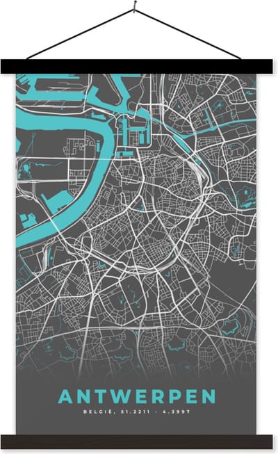 Posterhanger incl. Poster 40x60 cm - Schoolplaat - Stadskaart – Grijs - Kaart – Antwerpen – België – Plattegrond - Textielposter - Zwarte latten - Stadskaart