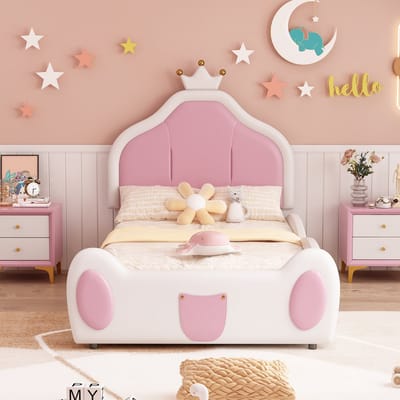 Gestoffeerd bed - kinderbed - 90x200 cm - hoofdeinde met slingerstroken - kinderlijke stroken aan het hoofd- en voeteneinde van het bed - wit - zonder matras