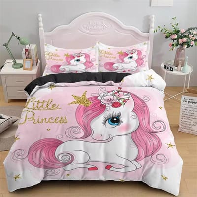 Kinder Beddengoed Sets Cadeaus Eenhoorn en Kleurrijk Paard Print Dekbedovertrek Sets voor Kinderen Meisjes Jongens 2/3 Stuks Eenpersoons Roze Dekbedden cot size 70x133cm