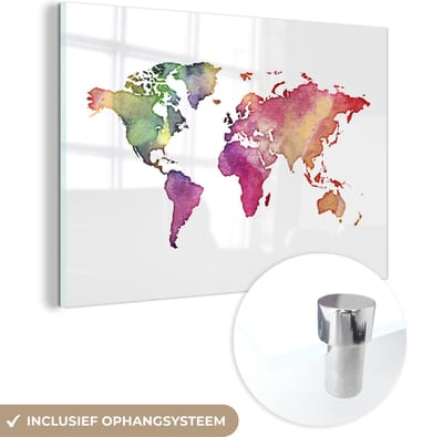 ® Glasschilderij 180x120 cm - Schilderij acrylglas - Wereldkaart - Waterverf - Regenboog - Foto op glas - Muurdecoratie woonkamer - Wanddecoratie slaapkamer - Schilderijen