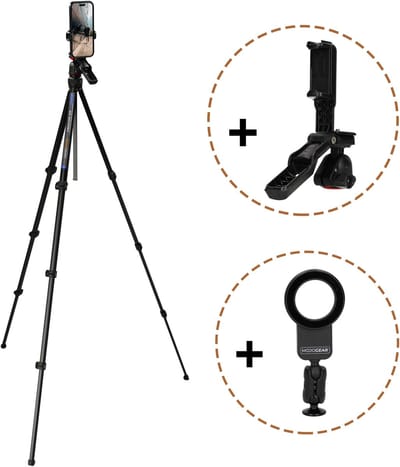 MOJOGEAR Creator GO KIT — Lichtgewicht reisstatief met Video Head & MagSafe mount — Tot 153 cm hoog — Telefoonstatief voor smartphone en camera — Inclusief bluetooth remote en statiefplaat — Combineer met vlog monitor — Zwart