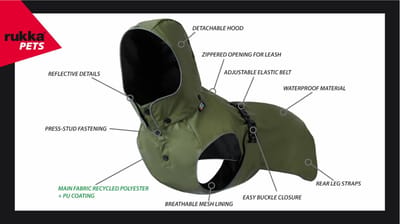 Rukka Pets Streamy ECO Raincoat - Trendy hondenregenjas - Gerecycled materiaal - Opening voor riem of harnas - Afneembare capuchon - Olijfgroen - In 9 maten - Kleur: Olijf, Maat: Maat 30