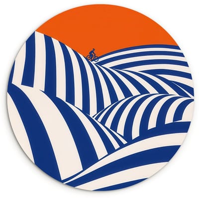 WallCircle® Wandcirkel 120x120 cm - Muurcirkel Fietser - Heuvels - Strepen - Blauw - Muurdecoratie woonkamer - Wanddecoratie slaapkamer - Kamer decoratie accessoires - Ronde schilderijen XXL