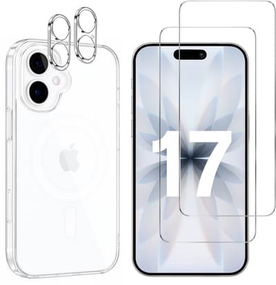 iPhone 17 Hoesje backcover Shockproof siliconen Transparant met geïntegreerde magnetische cirkel + 2 gehard glazen screenprotectors + 2 Camera Protector van glas