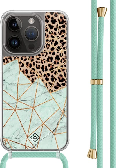 Casimoda® hoesje met mintgroen koord - Geschikt voor iPhone 13 Pro - Luipaard Marmer Mint - Afneembaar koord - TPU/polycarbonaat - Mint